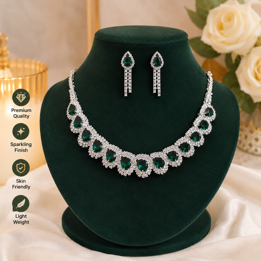 Green diamond stone necklace and earrings